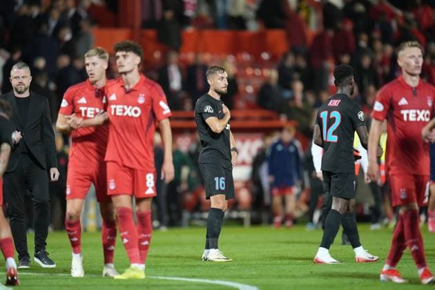 FCSB players react after the final whistle Aberdeen v FCSB, UEFA Europa League, Play-Off Round, First Leg, Football, Pittodrie, Aberdeen, Scotland, UK - 21 Aug 2025Aberdeen Pittodrie Scotland United Kingdom EDITORIAL USE ONLY No use with unauthorised audio, video, data, fixture lists, club league logos or live services. Online in-match use limited to 120 images, no video emulation. No use in betting, games or single club league player publications. Copyright: xPetexSummers Shutterstockx 15449391gd