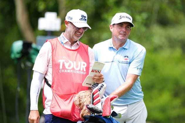 August 21, 2025, Atlanta, Georgia, USA: Keegan Bradley (USA) (R) and his caddie wait on the 2nd tee during the first round of the 2025 TOUR Championship at East Lake Golf Club. Atlanta USA - ZUMAw109 20250821_fap_w109_019 Copyright: xDebbyxWongx