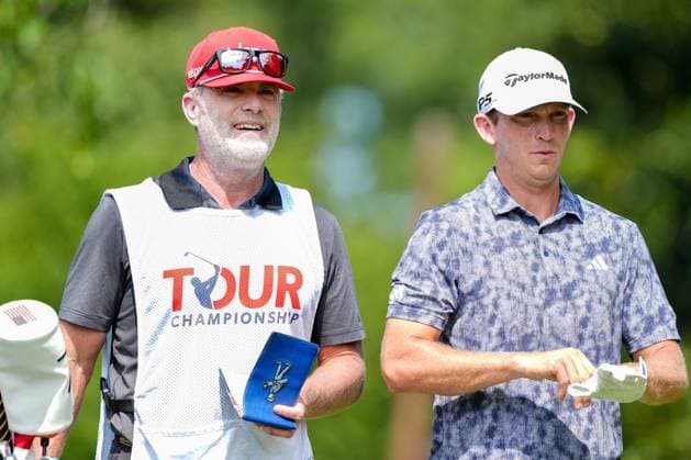 August 21, 2025, Atlanta, Georgia, USA: Jacob Bridgeman (USA)(R) and his caddie wait on the 2nd tee during the first round of the 2025 TOUR Championship at East Lake Golf Club. Atlanta USA - ZUMAw109 20250821_fap_w109_030 Copyright: xDebbyxWongx