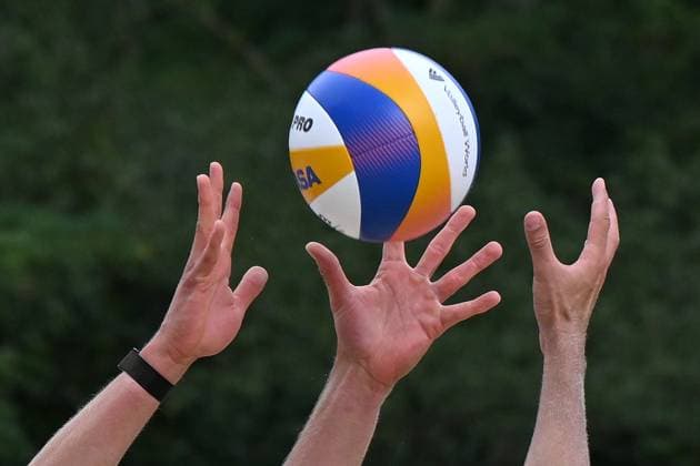 From left Tomas Semerad of Czech Republic and Goncalo Sousa of Portugal in action during the Brno Beach Pro, Beach volleyball, Beachvolleyball tournament of Futures category in Brno, Czech Republic, August 22, 2025. (CTKxPhoto VaclavxSalek) CTKPhotoP2025082204247  CTKPhotoP2025082204247