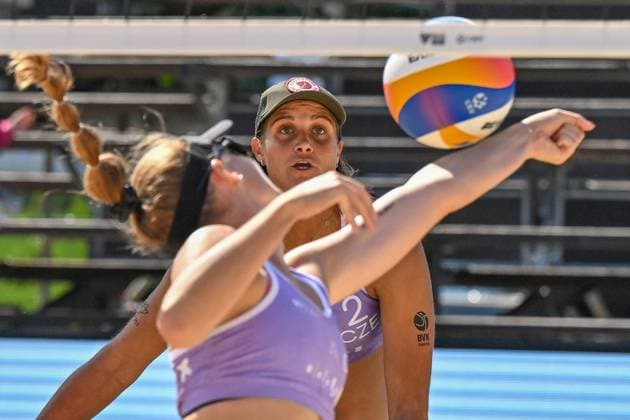 From left Kylie Neuschaeferova, Martina Maixnerova of Czech Republic in action during the Brno Beach Pro, Beach volleyball, Beachvolleyball tournament of Futures category in Brno, Czech Republic, August 22, 2025. (CTKxPhoto VaclavxSalek) CTKPhotoP2025082203308  CTKPhotoP2025082203308