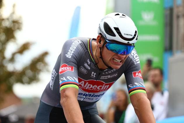 Dutch Mathieu van der Poel of Alpecin-Deceuninck crosses the finish line to win the third stage of the Renewi Tour multi-stage cycling race, from Aalter to Geraardsbergen (179,9 km) on Friday 22 August 2025. The five-day race takes place in Belgium and the Netherlands. DAVIDxPINTENS  x131901558x