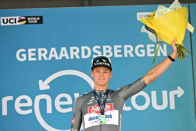 Dutch Mathieu van der Poel of Alpecin-Deceuninck celebrates on the podium after winning the third stage of the Renewi Tour multi-stage cycling race, from Aalter to Geraardsbergen (179,9 km) on Friday 22 August 2025. The five-day race takes place in Belgium and the Netherlands. DAVIDxPINTENS  x131905975x