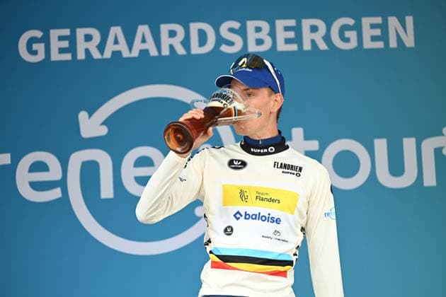 Belgian Siebe Deweirdt of Team Flanders Baloise celebrates on the podium in the combativity jersey after the third stage of the Renewi Tour multi-stage cycling race, from Aalter to Geraardsbergen (179,9 km) on Friday 22 August 2025. The five-day race takes place in Belgium and the Netherlands. DAVIDxPINTENS  x131933716x