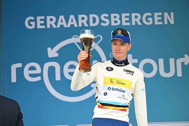 Belgian Siebe Deweirdt of Team Flanders Baloise celebrates on the podium in the combativity jersey after the third stage of the Renewi Tour multi-stage cycling race, from Aalter to Geraardsbergen (179,9 km) on Friday 22 August 2025. The five-day race takes place in Belgium and the Netherlands. DAVIDxPINTENS  x131933833x