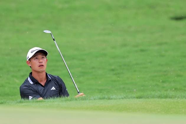 ATLANTA, GA - AUGUST 22: Collin Morikawa (USA) reacts after hitting a bunker shot on hole 18 during the second round of the PGA, Golf Herren Tour Championship on August 22, 2025 at East Lake Golf Club in Atlanta, GA. (Photo by Jeff Robinson Icon Sportswire) GOLF: AUG 22 PGA FedEx Cup Playoffs - Tour Championship EDITORIAL USE ONLY Icon2508225205
