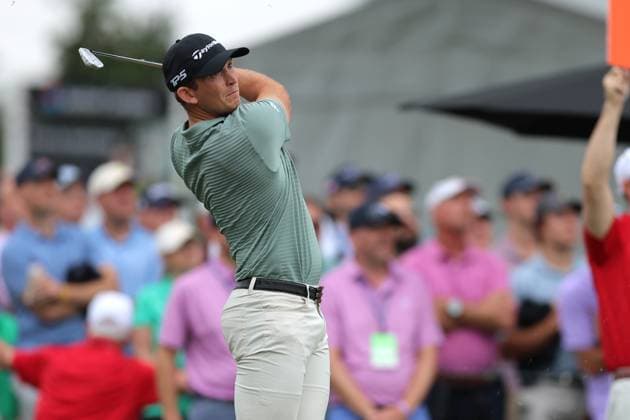ATLANTA, GA - AUGUST 22: Jacob Bridgeman (USA) hits his tee shot on hole 9 during the second round of the PGA, Golf Herren Tour Championship on August 22, 2025 at East Lake Golf Club in Atlanta, GA. (Photo by Jeff Robinson Icon Sportswire) GOLF: AUG 22 PGA FedEx Cup Playoffs - Tour Championship EDITORIAL USE ONLY Icon2508222931