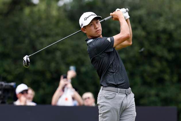 ATLANTA, GA - AUGUST 22: Collin Morikawa of the United States hits his tee shot on No. 18 during the second round of the PGA, Golf Herren Tour Championship, August 22, 2025 at East Lake Golf Club in Atlanta, Georgia. (Photo by Matthew Maxey Icon Sportswire) GOLF: AUG 22 PGA FedEx Cup Playoffs - Tour Championship EDITORIAL USE ONLY Icon250822050