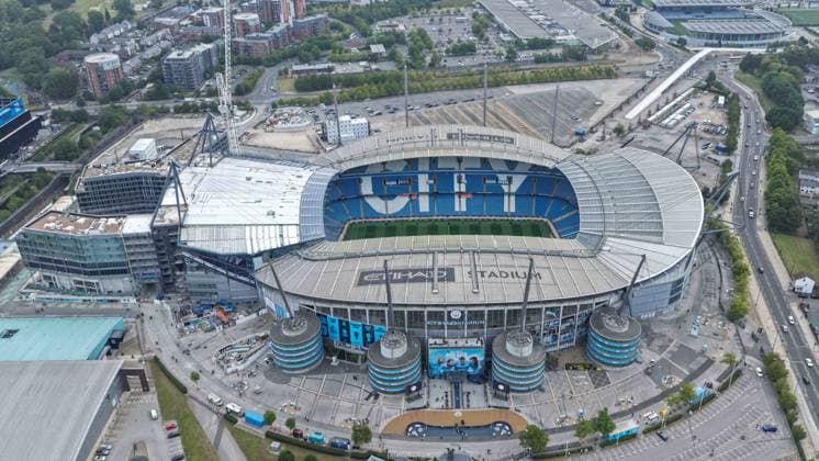 Premier League Manchester City v Tottenham Hotspur An aerial view of the Etihad Stadium and the new North Stand construction during the Premier League match Manchester City vs Tottenham Hotspur at Etihad Stadium, Manchester, United Kingdom, 23rd August 2025 (Photo by Mark Cosgrove News Images) Manchester Etihad Stadium Manchester United, ManU Kingdom Copyright: xMarkxCosgrove NewsxImagesx