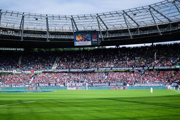 23 08 2025 Football, 2025 2026, 2 Bundesliga, 3 Matchday, Hannover 96 1 FC Magdeburg Fans Hannover with banner Abolish exceptions, prevent loopholes Unrestricted influence for the parent club DFL and clubs Keep an eye on you 50 1 Implement without exception DFL REGULATIONS PROHIBIT ANY USE OF PHOTOGRAPHS AS IMAGE SEQUENCES AND OR QUASI VIDEO