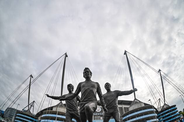 23rd August 2025; Etihad Stadium, Manchester, England; Premier League Football, Manchester City versus Tottenham Hotspur; A statue of Colin Bell, Francis Lee and Mike Summerbee outside the Etihad Stadium  GodfreyxPitt