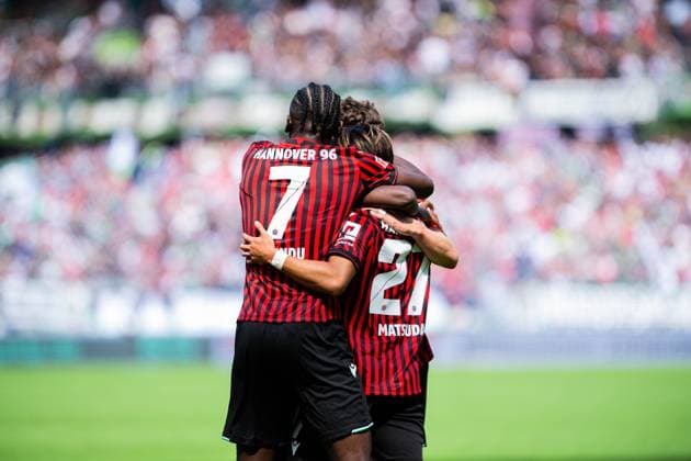 23 08 2025 Soccer, 2025 2026, 2 Bundesliga, Matchday 3, Hannover 96 1 FC Magdeburg R Hayate Matsuda Hannover celebrates after his goal for 1 0 with L Mustapha Bundu Hannover DFL REGULATIONS PROHIBIT ANY USE OF PHOTOGRAPHS AS IMAGE SEQUENCES AND OR QUASI VIDEO