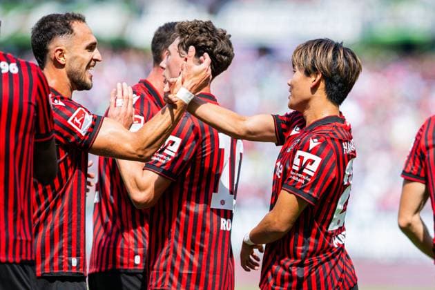 23 08 2025 Soccer, 2025 2026, 2 Bundesliga, Matchday 3, Hannover 96 1 FC Magdeburg M Hayate Matsuda Hannover celebrates after his goal to 1 0 with L Virgil GhiÈa Hannover DFL REGULATIONS PROHIBIT ANY USE OF PHOTOGRAPHS AS IMAGE SEQUENCES AND OR QUASI VIDEO