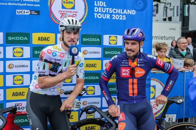 Cycling UCI ProSeries Men Elite LIDL Deutschland Tour 2025 Stage 3 Arnsberg Kassel on 23 08 2025 Jonas Rutsch INTERMARCHE WANTY , left wearing the Community Jersey John Degenkolb TEAM PICNIC POSTNL , right xJRx
