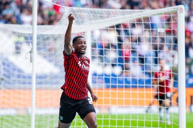 23 08 2025 Soccer, 2025 2026, 2 Bundesliga, Matchday 3, Hannover 96 1 FC Magdeburg Ime Okon Hannover cheers after his goal for 2 0 DFL REGULATIONS PROHIBIT ANY USE OF PHOTOGRAPHS AS IMAGE SEQUENCES AND OR QUASI VIDEO