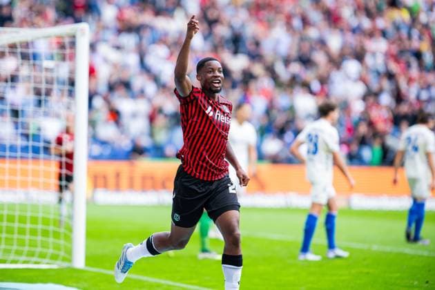 23 08 2025 Soccer, 2025 2026, 2 Bundesliga, Matchday 3, Hannover 96 1 FC Magdeburg Ime Okon Hannover cheers after his goal for 2 0 DFL REGULATIONS PROHIBIT ANY USE OF PHOTOGRAPHS AS IMAGE SEQUENCES AND OR QUASI VIDEO