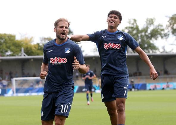 Goal celebration 2 0 Hoffenheim, scorer Luka Duric left, Hoffenheim right Ayoube Amaimouni Echghouyab Hoffenheim TSG Hoffenheim 2 vs Energie Cottbus Hoffenheim, GER, 23 08 2025 ,Soccer 3 League 2025 2026