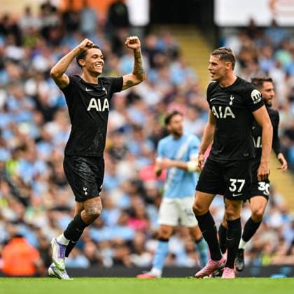 23rd August 2025; Etihad Stadium, Manchester, England; Premier League Football, Manchester City versus Tottenham Hotspur; Brennan Johnson of Tottenham Hotspur celebrates scoring in the 35th minute after a VAR review overturned the offside decision to make the score 0-1  GodfreyxPitt