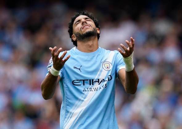 Manchester, England, 23rd August 2025. Omar Marmoush of Manchester City reacts during the Manchester City vs Tottenham Hotspur Premier League match at the Etihad Stadium, Manchester. Picture credit should read: Andrew Yates Sportimage EDITORIAL USE ONLY. No use with unauthorised audio, video, data, fixture lists, club league logos or live services. Online in-match use limited to 120 images, no video emulation. No use in betting, games or single club league player publications. SPI_012_AY_MAN_CITY_SPURS SPI-4081-0012