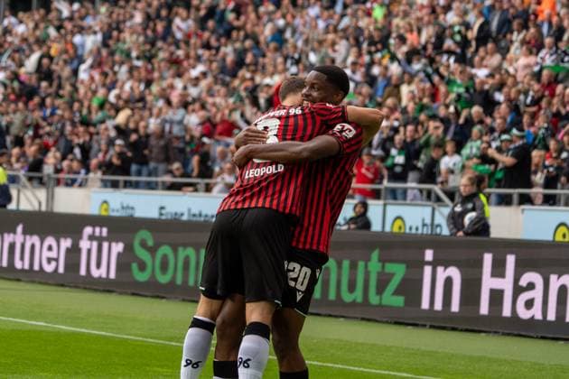Germany Soccer 2 Bundesliga, Matchday 3, Hannover 96 1 FC Magdeburg 2025 26 on 23 8 2025 in Hannover Heinz von Heiden Arena Ime Okon Hannover 96 20 and Enzo Leopold Hannover 96 8 Goal celebration 2 0 Copyright: xSvenxHeidmannx