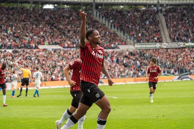 Germany Soccer 2 Bundesliga, Matchday 3, Hannover 96 1 FC Magdeburg 2025 26 on 23 8 2025 in Hannover Heinz von Heiden Arena Ime Okon Hannover 96 20 celebrates his goal for 2 0 Copyright: xSvenxHeidmannx