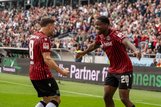 Germany Soccer 2 Bundesliga, Matchday 3, Hannover 96 1 FC Magdeburg 2025 26 on 23 8 2025 in Hannover Heinz von Heiden Arena Ime Okon Hannover 96 20 and Enzo Leopold Hannover 96 8 celebrate the 2 0 Copyright: xSvenxHeidmannx