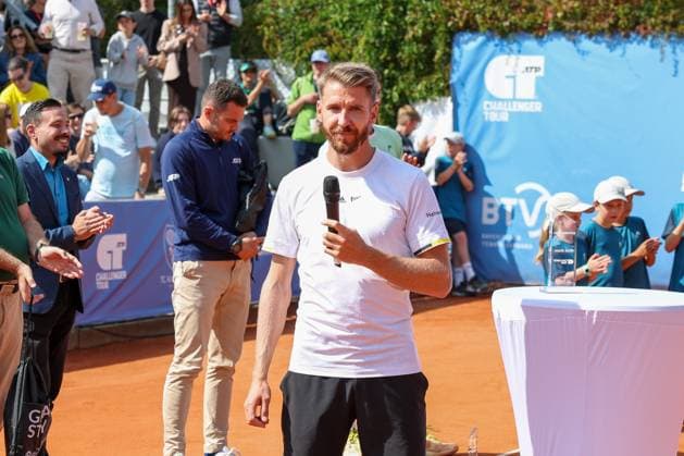 in the picture, Cedrik Marcel Stebe GER winner of the tournament in an interview, Cedrik Marcel Stebe GER vs Alexander Ritschard SUI , ATP Challenger Schwaben Open, Men, Final, Singles, Tennis, 23 08 2025 Augsburg Bavaria Germany Copyright: xkolbert-press ChristianxKolbertx