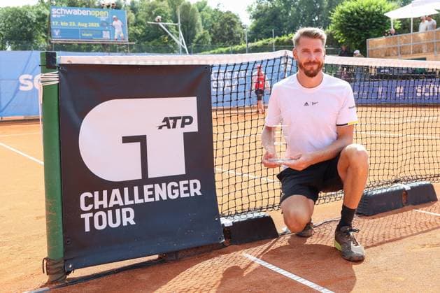 in the picture, Cedrik Marcel Stebe GER winner of the tournament in an interview, Cedrik Marcel Stebe GER vs Alexander Ritschard SUI , ATP Challenger Schwaben Open, Men, Final, Singles, Tennis, 23 08 2025 Augsburg Bavaria Germany Copyright: xkolbert-press ChristianxKolbertx