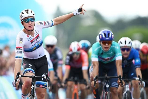 Belgian Tim Merlier of Soudal Quick-Step celebrates after winning the fourth stage of the Renewi Tour multi-stage cycling race, from Riemst to Bilzen-Hoeselt (196 km) on Saturday 23 August 2025. The five-day race takes place in Belgium and the Netherlands. DAVIDxPINTENS  x132026722x