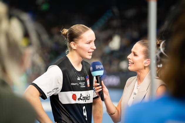 HSG Blomberg Lippe GER vs Thueringer HC GER , Handball, 1 Handball Bundesliga Women, Supercup, Season 2025 2026, Munich, 23 08 2025 Nieke Kuehne HSG Blomberg Lippe, 09 in Interview Munich SAP Garden Germany