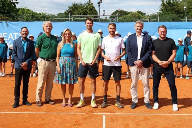 in the picture, Alexander Ritschard SUI , Cedrik Marcel Stebe GER , Tournament Director Hans Russwurm, Tournament Manager Yannick Paul, Cedrik Marcel Stebe GER vs Alexander Ritschard SUI , ATP Challenger Schwaben Open, Men, Final, Singles, Tennis, 23 08 2025 Augsburg Bavaria Germany Copyright: xkolbert-press ChristianxKolbertx