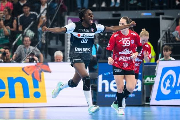 Muenchen: HBF Super Cup 2025 - HSG Blomberg-Lippe - Thueringer HC Farrelle Njinkeu (Blomberg) Jubel Freude Emotion Torjubel Torschuetze Torschütze Muenchen SAP Garden Bayern Deutschland