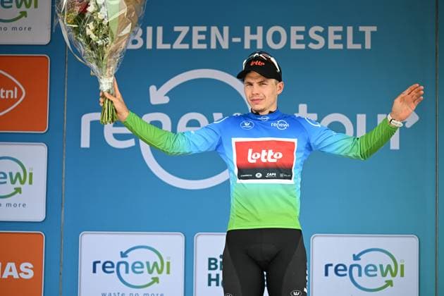 Belgian Arnaud De Lie of Lotto Cycling Team celebrates on the podium of the fourth stage of the Renewi Tour multi-stage cycling race, from Riemst to Bilzen-Hoeselt (196 km) on Saturday 23 August 2025. The five-day race takes place in Belgium and the Netherlands. DAVIDxPINTENS  x132029319x