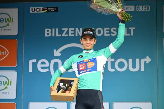 Czech Pavel Bittner of Team Picnic PostNL celebrates on the podium of the fourth stage of the Renewi Tour multi-stage cycling race, from Riemst to Bilzen-Hoeselt (196 km) on Saturday 23 August 2025. The five-day race takes place in Belgium and the Netherlands. DAVIDxPINTENS  x132029400x