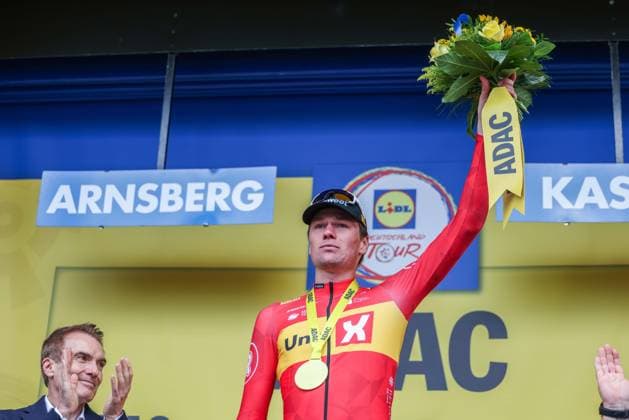 Cycling UCI ProSeries Men Elite LIDL Deutschland Tour 2025 Stage 3 Arnsberg Kassel on 23 08 2025 Soren Waerenskjold UNO X MOBILITY on the podium xJRx