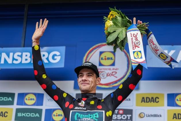 Cycling UCI ProSeries Men Elite LIDL Deutschland Tour 2025 Stage 3 Arnsberg Kassel on 23 08 2025 Miguel Heidemann REMBE RAD NET on the podium xJRx