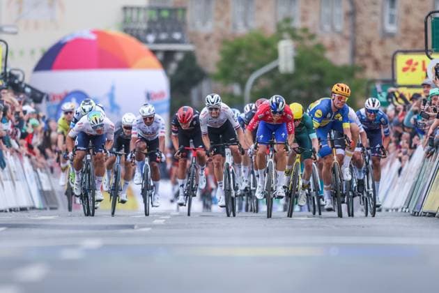 Cycling UCI ProSeries Men Elite LIDL Deutschland Tour 2025 Stage 3 Arnsberg Kassel on 23 08 2025 Danny Van Poppel RED BULL BORA HANSGROHE , left James Matthew Brennan TEAM VISMA LEASE A BIKE , center Soren Waerenskjold UNO X MOBILITY , right xJRx