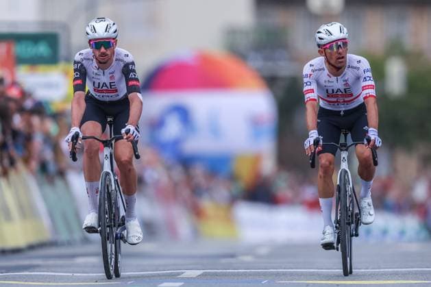 Cycling UCI ProSeries Men Elite LIDL Deutschland Tour 2025 Stage 3 Arnsberg Kassel on 23 08 2025 Brandon McNulty UAE TEAM EMIRATES XRG , left Rafal Majka UAE TEAM EMIRATES XRG , right xJRx