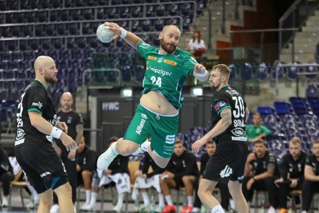 Handball test match SC DHfK Leipzig vs HC Banik Karvina, 23 08 25 Moritz Preuss 24, SC DHfK Leipzig flies to the throw Handball, DAIKIN HBL, Season 2025 2026, Test match SC DHfK Leipzig vs HC Banik Karvina on 23 08 25 in the Quarterback Immobilien Arena Leipzig Copyright: xBEAUTIFULxSPORTS JanxKaeferx