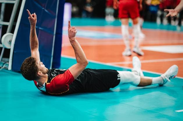 Volleyball international match Germany vs Belgium, 23 08 25 Erik Röhrs Germany, 19 cheers while lying down Volleyball, international match Germany vs Belgium on 23 08 2025 in the LKH Arena, Lüneburg Copyright: xBEAUTIFULxSPORTS Tonhäuserx
