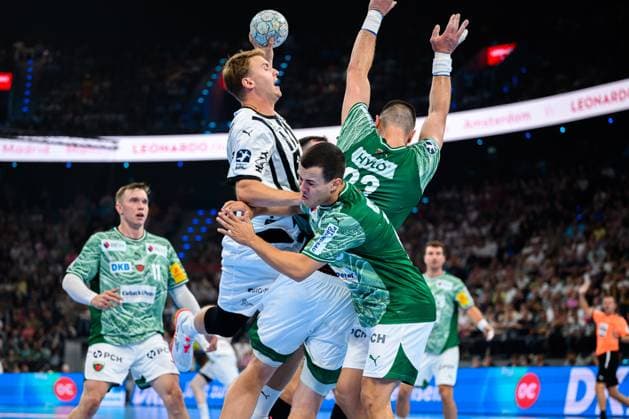 Muenchen HBL Super Cup 2025 Fuechse Berlin THW Kiel Emil Wernsdorf Madsen THW Kiel , Mijajlo Marsenic Berlin , Tim Freihöfer Freihoefer Berlin Muenchen SAP Garden Bayern Germany