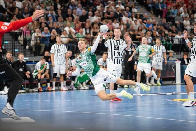 Fuechse Berlin vs THW Kiel, Handball, 1 Handball Bundesliga Men, Supercup, Season 2025 2026, Munich, 23 08 2025 Mathias Gidsel Fuechse Berlin, 19 in goal Muenchen SAP Garden Germany
