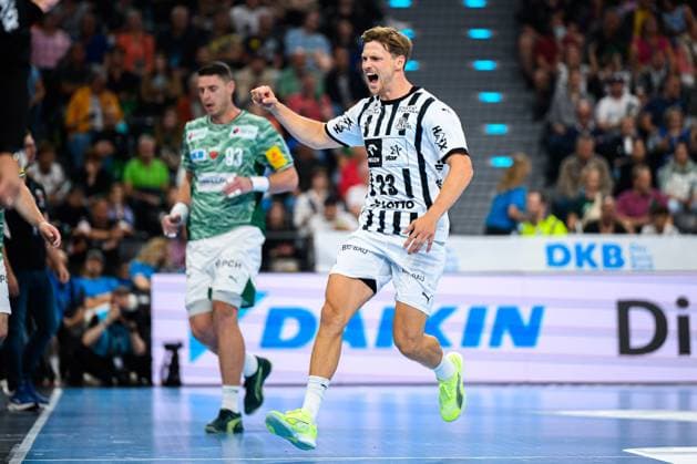 Muenchen HBL Super Cup 2025 Fuechse Berlin THW Kiel Rune Dahmke THW Kiel Jubel Freude Emotion Torjubel Torschuetze Torschütze Muenchen SAP Garden Bayern Germany