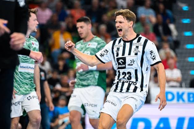 Muenchen HBL Super Cup 2025 Fuechse Berlin THW Kiel Rune Dahmke THW Kiel Jubel Freude Emotion Torjubel Torschuetze Torschütze Muenchen SAP Garden Bayern Germany