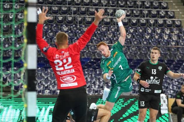 Handball test match SC DHfK Leipzig vs HC Banik Karvina, 23 08 25 Tomas Piroch 7, SC DHfK Leipzig flies to the throw Handball, DAIKIN HBL, Season 2025 2026, Test match SC DHfK Leipzig vs HC Banik Karvina on 23 08 25 in the Quarterback Immobilien Arena Leipzig Copyright: xBEAUTIFULxSPORTS JanxKaeferx