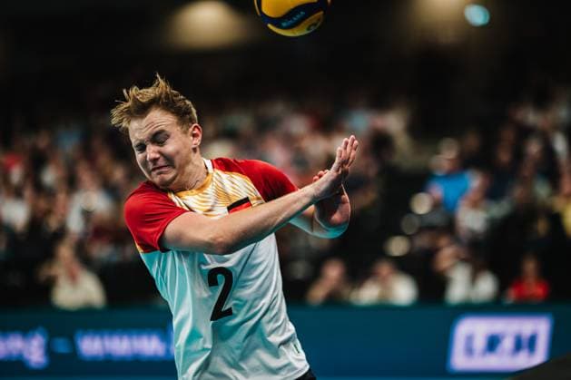 Volleyball international match Germany vs Belgium, 23 08 25 Leonard Graven Germany, 2 protects himself from the ball Volleyball, international match Germany vs Belgium on 23 08 2025 in the LKH Arena, Lüneburg Copyright: xBEAUTIFULxSPORTS Tonhäuserx