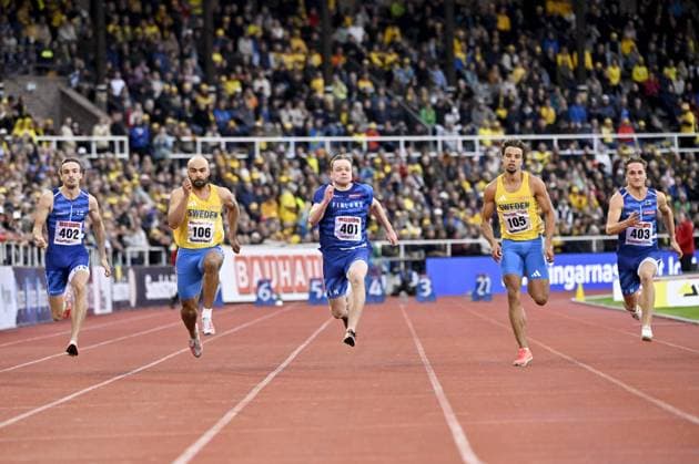 Sport Bilder des Tages Riku Illukka (L), Eino Vuori (C) and Topi Huttunen of Finland compete against Jean-Christian Zirignon (2ndL) and Zion Eriksson of Sweden during men s 100m at the Finnkampen athletics event Sweden vs Finland in Stockholm, Sweden on August 23, 2025. Stockholm Sweden LKFTJK20250823205949PODX  Copyright: xRonixRekomaax LKFTJK20250823205949PODX