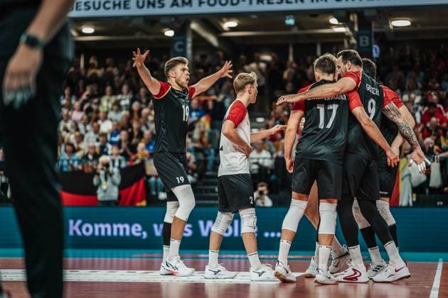 Volleyball mens international match Germany vs Belgium 23 08 2025 The German team cheers