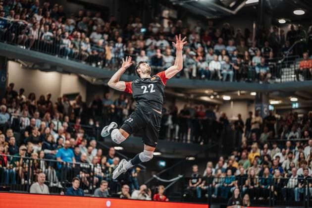 Volleyball mens international Germany vs Belgium 23 08 2025 Tobias Brand 22 Germany serving