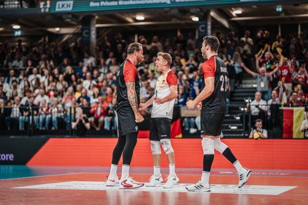 Volleyball mens international Germany vs Belgium 23 08 2025 Georg Grozer l 9 Germany cheers with Leonard Graven 2 Germany